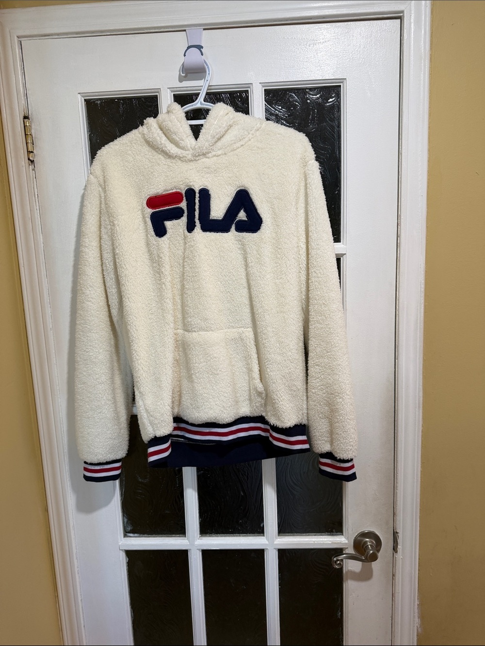 FILA Cream Sherpa Hoodie with Navy and Red Logo